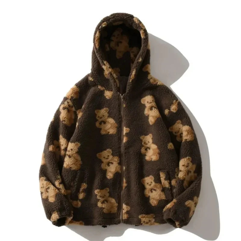 Women's Oversized Teddy Bear Print Fleece Hoodie