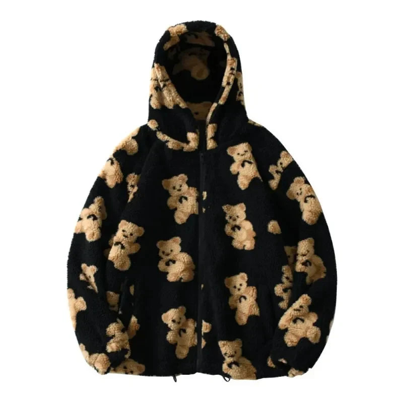 Women's Oversized Teddy Bear Print Fleece Hoodie