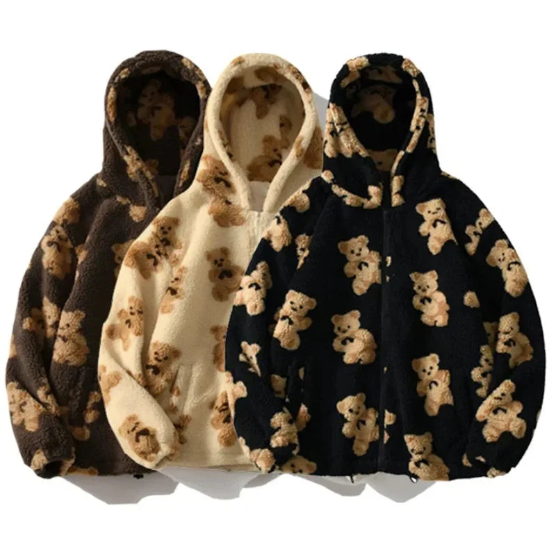 Women's Oversized Teddy Bear Print Fleece Hoodie