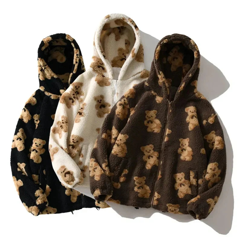 Women's Oversized Teddy Bear Print Fleece Hoodie