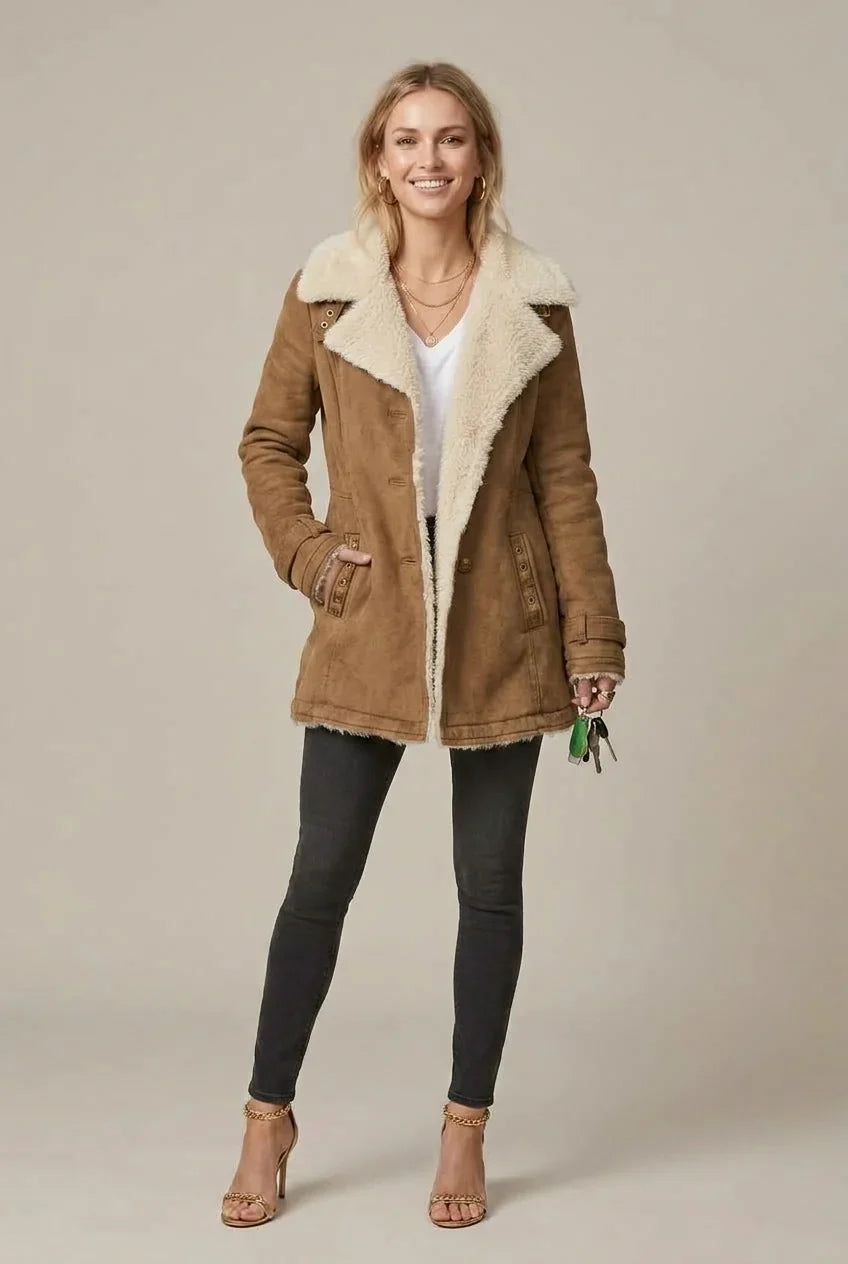 Women's Relaxed Fit Denim Jacket with Sherpa Collar