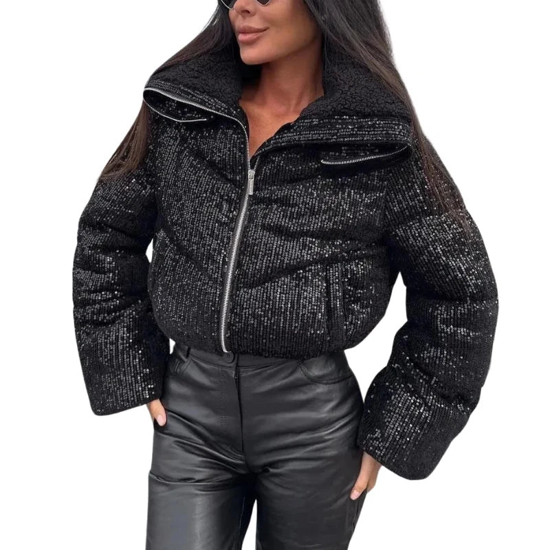 Women's Sequin Puffer Jacket with Hood