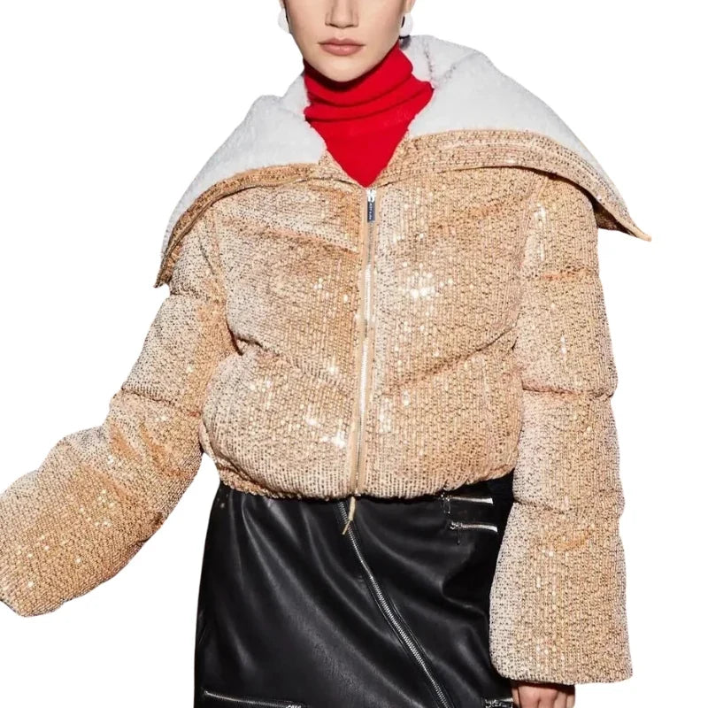 Women's Sequin Puffer Jacket with Hood