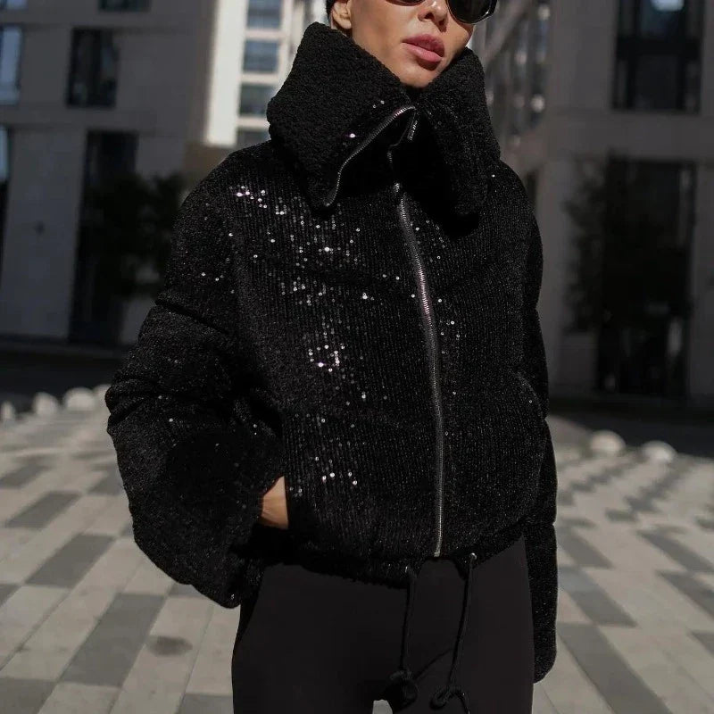 Women's Sequin Puffer Jacket with Hood