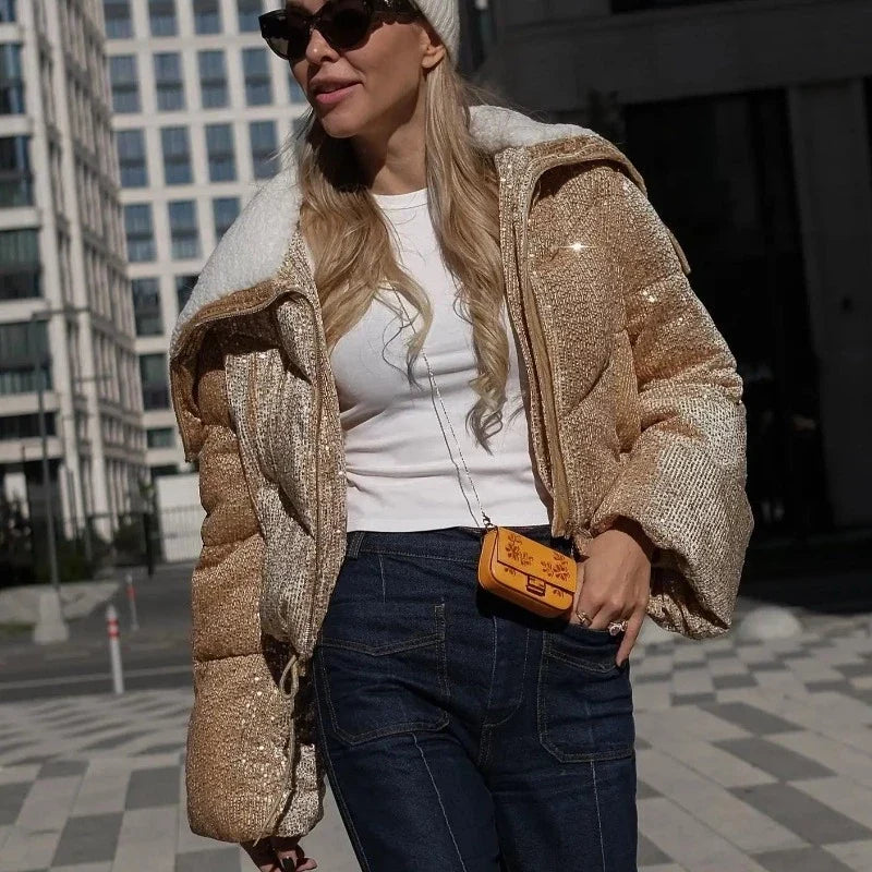 Women's Sequin Puffer Jacket with Hood