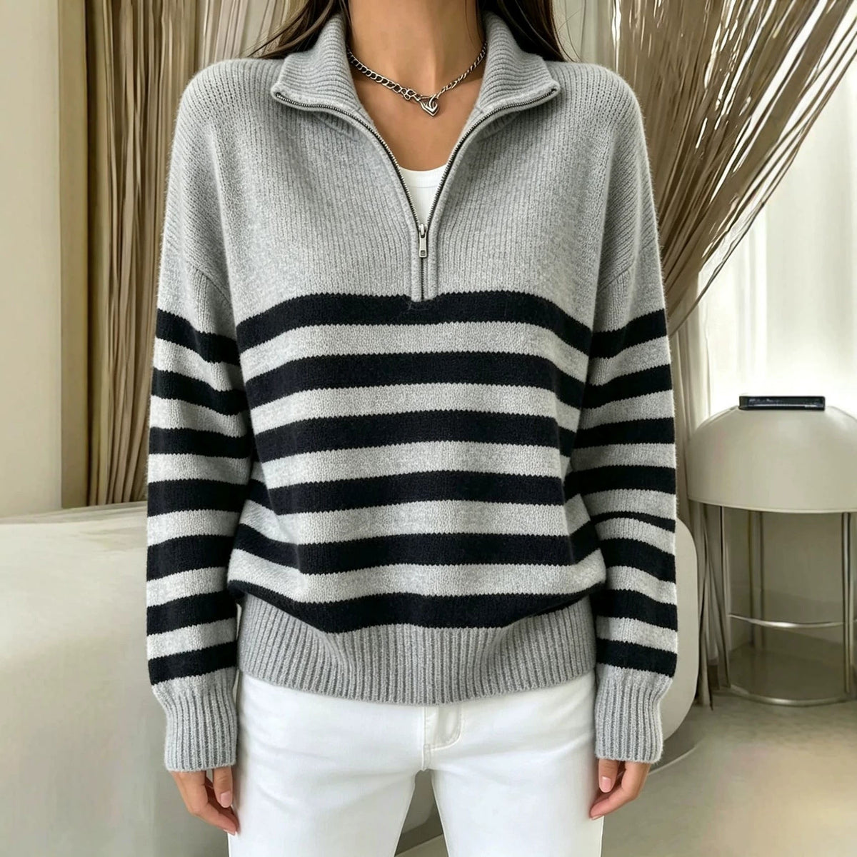 Women's Color-Block Pullover Sweater with Zipper Detail