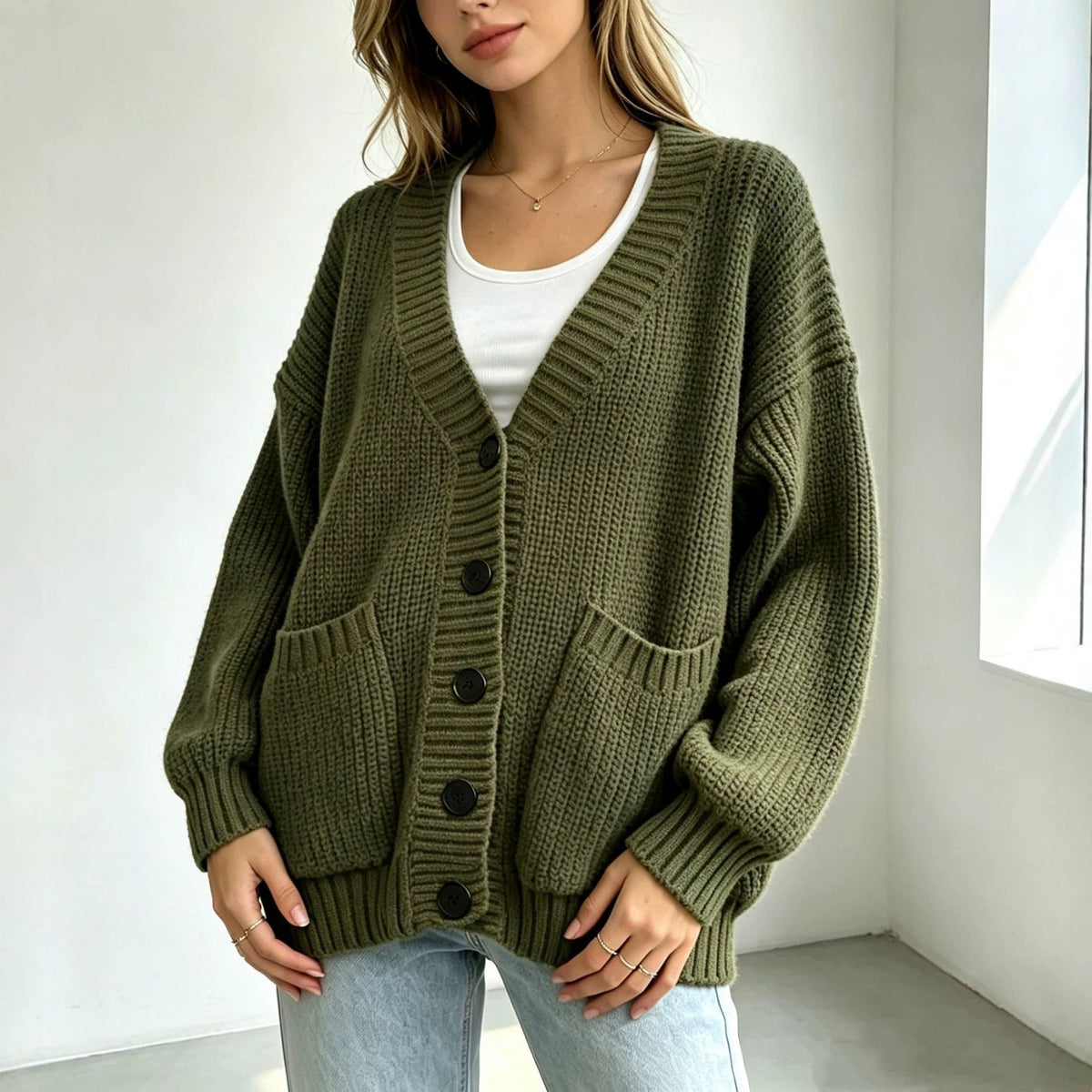 Women's Knitted Cardigan with Pockets - Mid-Length Sweater