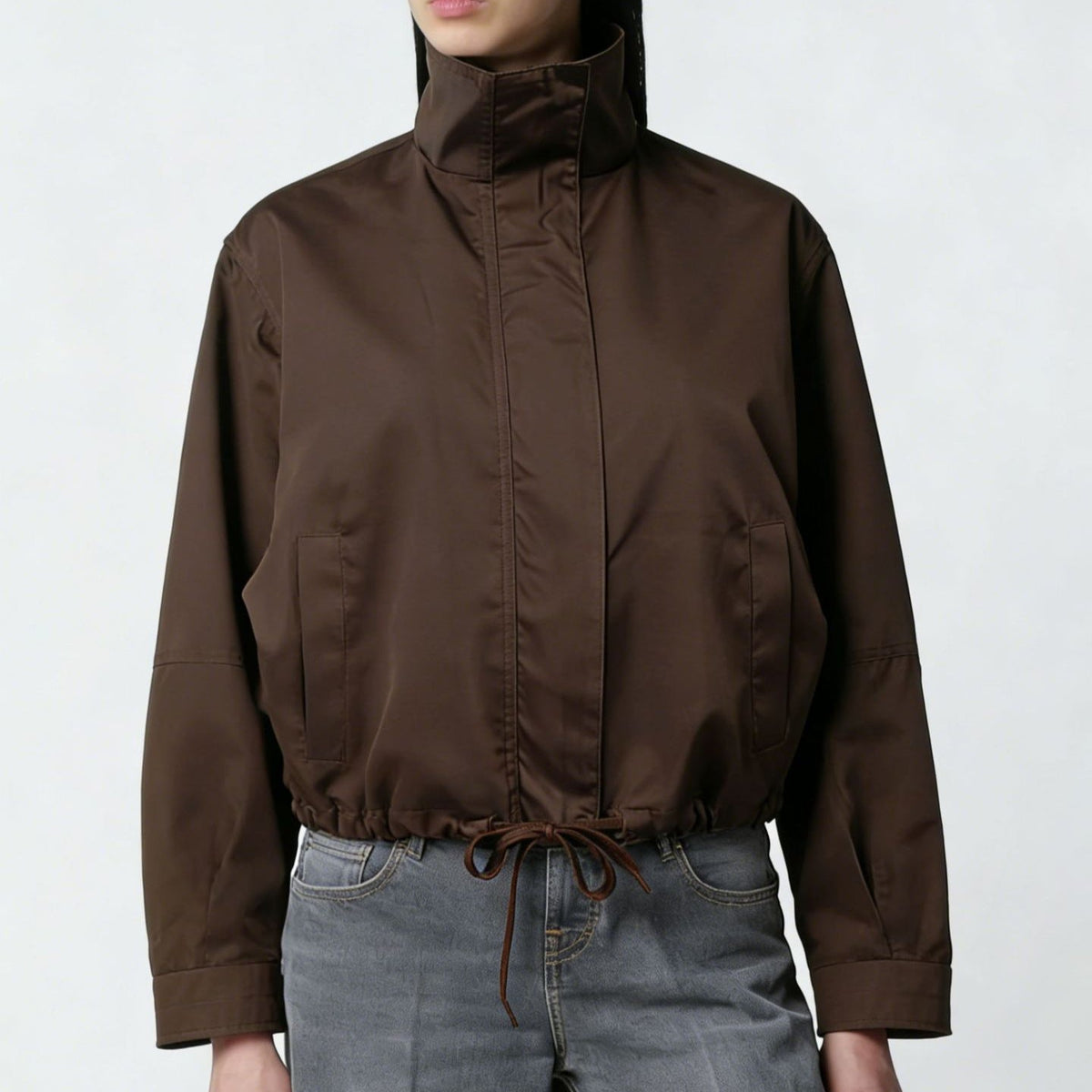 Women's Trench Coat - Stand-Collar Long Sleeve Jacket