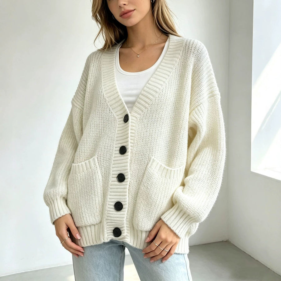 Women's Knitted Cardigan with Pockets - Mid-Length Sweater