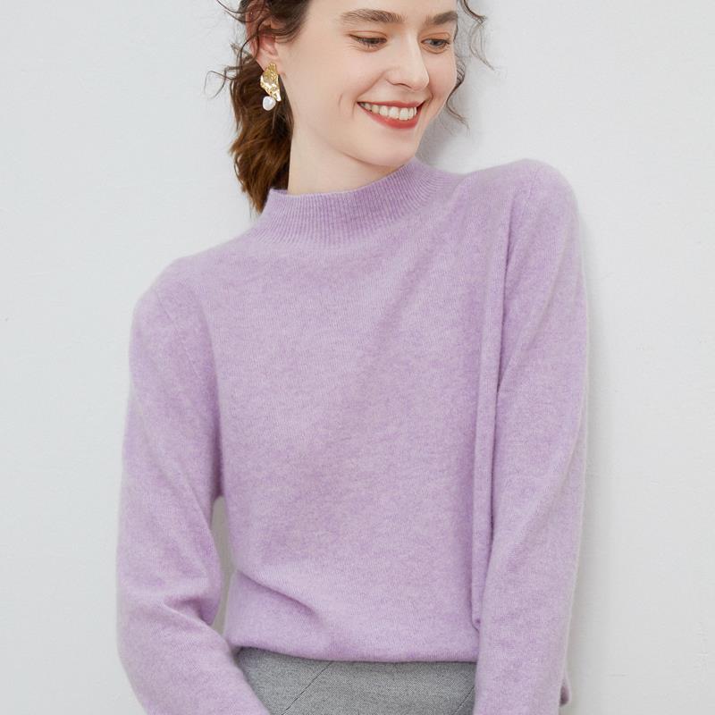 Women's Wool Pullover Sweater with Half-High Neck
