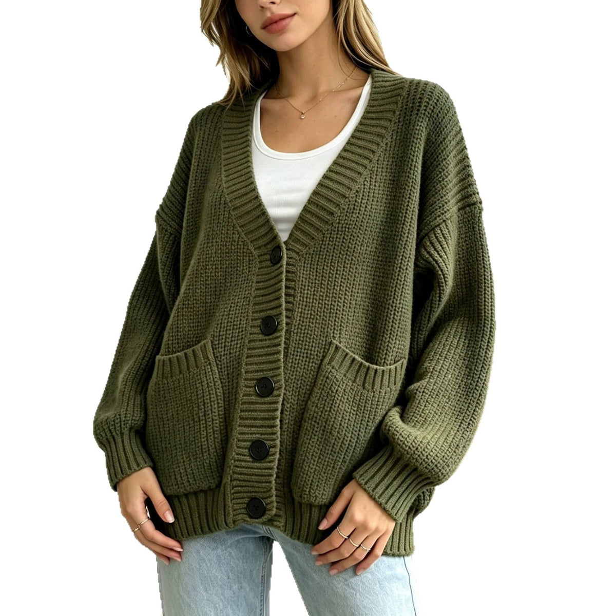 Women's Knitted Cardigan with Pockets - Mid-Length Sweater