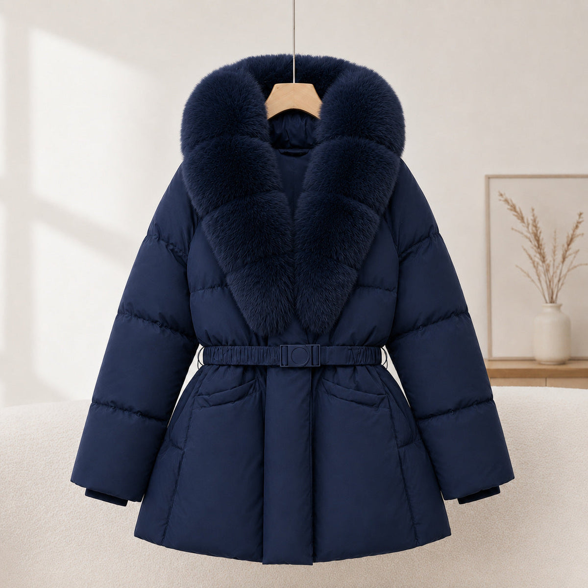 Women's Slimming Waist-Cinching Coat with Faux Fur Collar