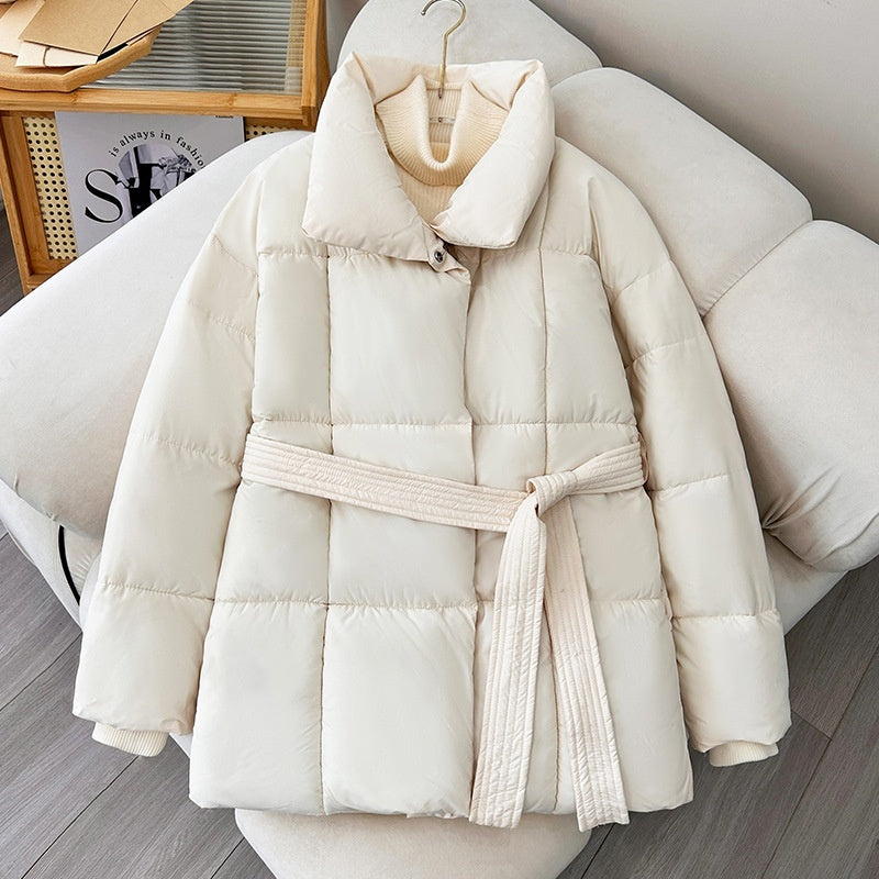 Women's Plaid Lapel Winter Coat with Belt - Casual Thick Jacket