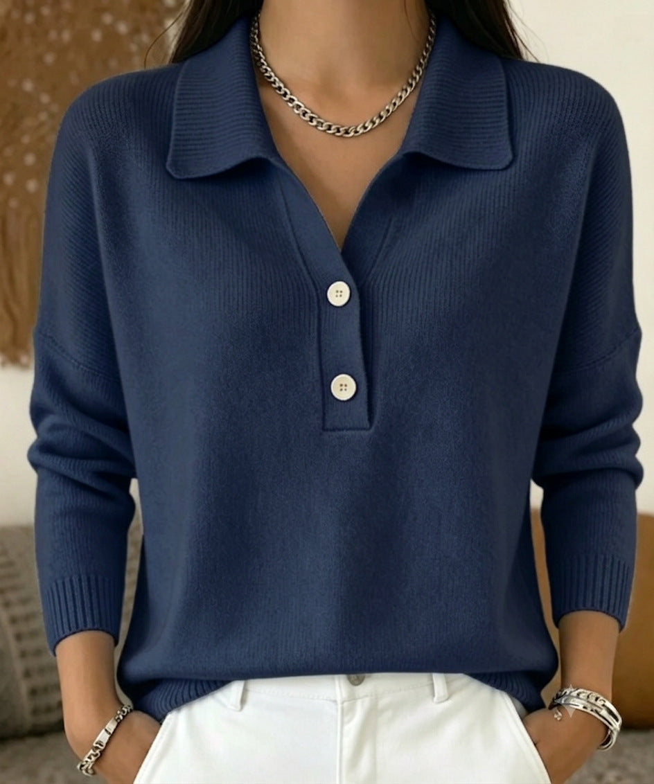 Women's Polo Collar Knit Sweater Long Sleeve Casual Top