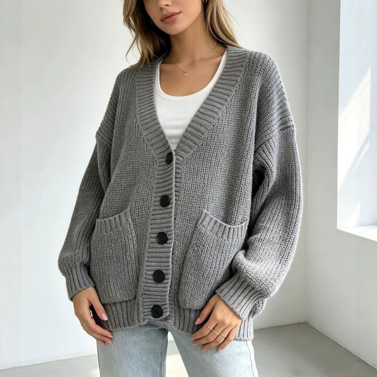 Women's Knitted Cardigan with Pockets - Mid-Length Sweater