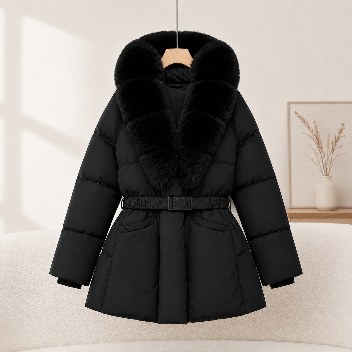 Women's Slimming Waist-Cinching Coat with Faux Fur Collar