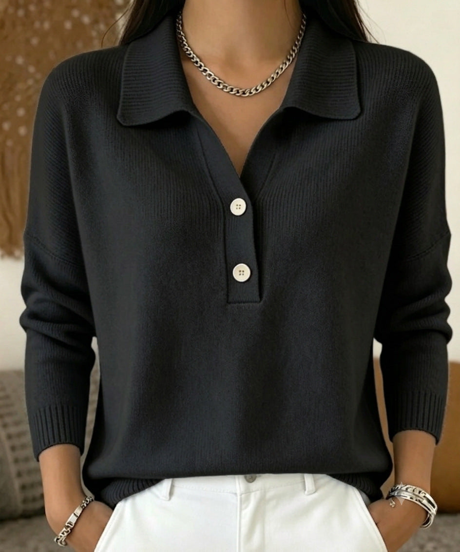Women's Polo Collar Knit Sweater Long Sleeve Casual Top