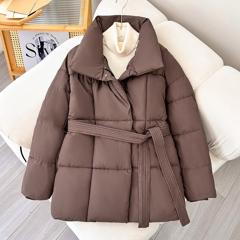 Women's Plaid Lapel Winter Coat with Belt - Casual Thick Jacket