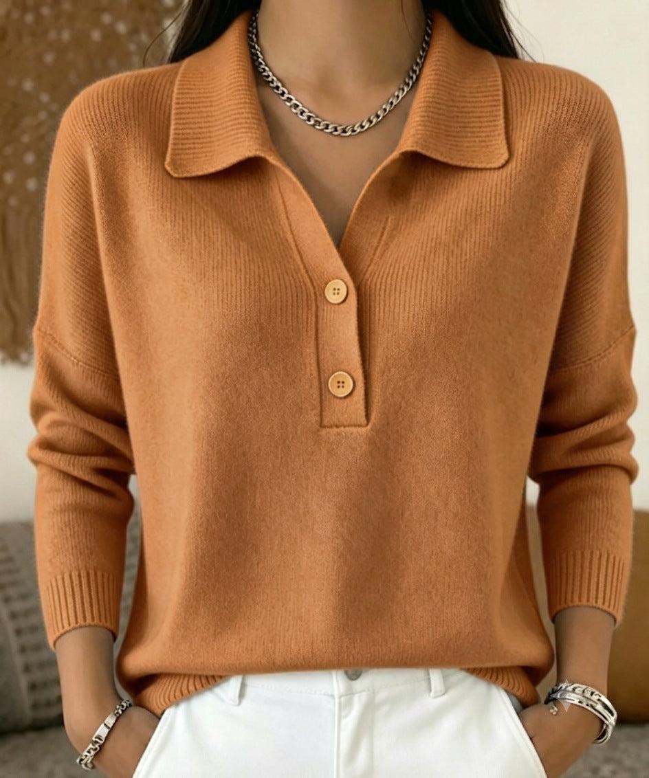 Women's Polo Collar Knit Sweater Long Sleeve Casual Top