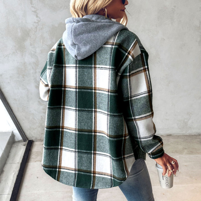 Women's Plaid Hooded Jacket with Button Pockets