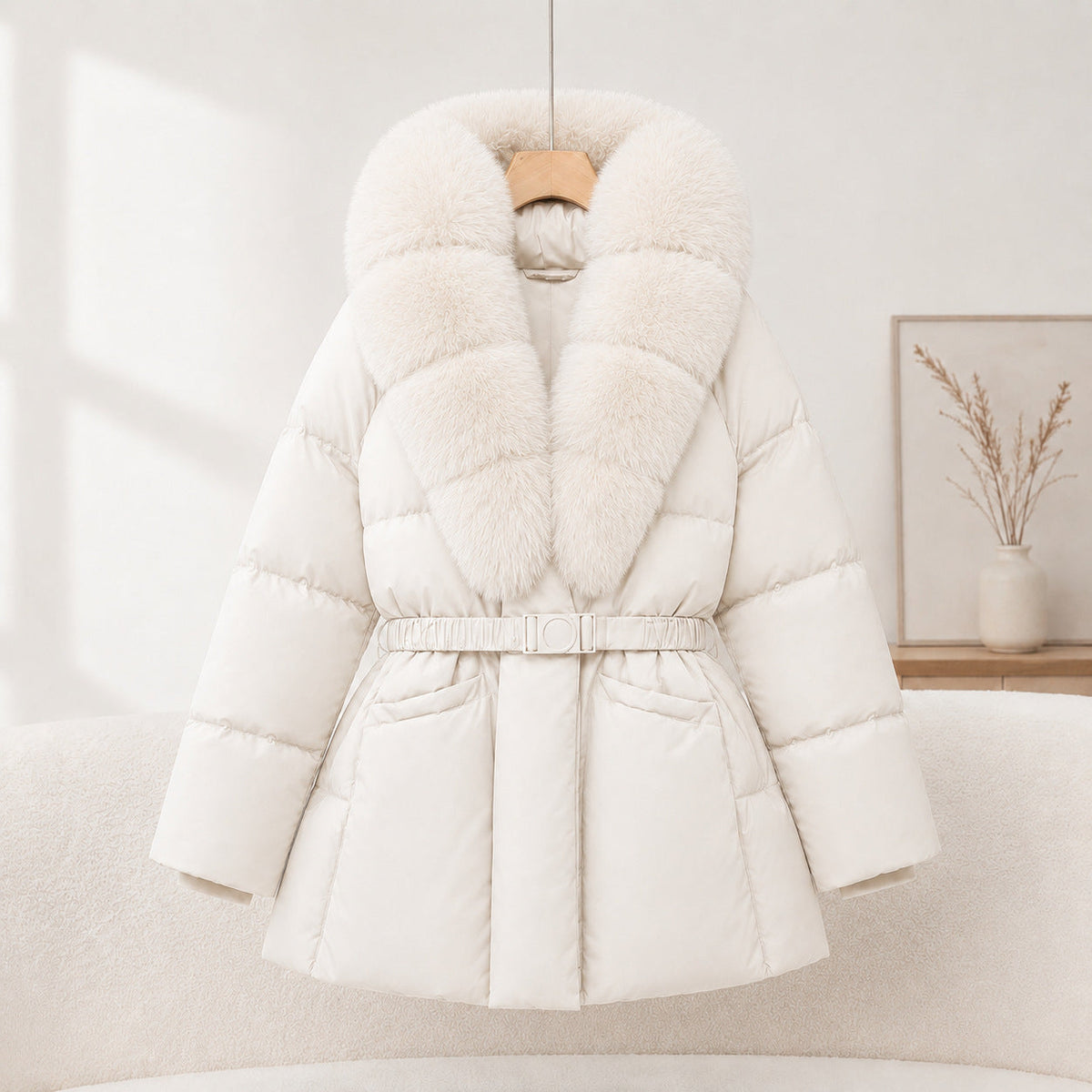Women's Slimming Waist-Cinching Coat with Faux Fur Collar