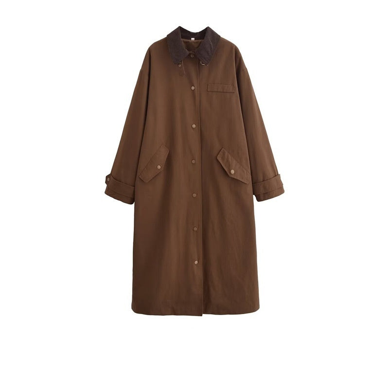 Women's Long Trench Coat with Patchwork Collar