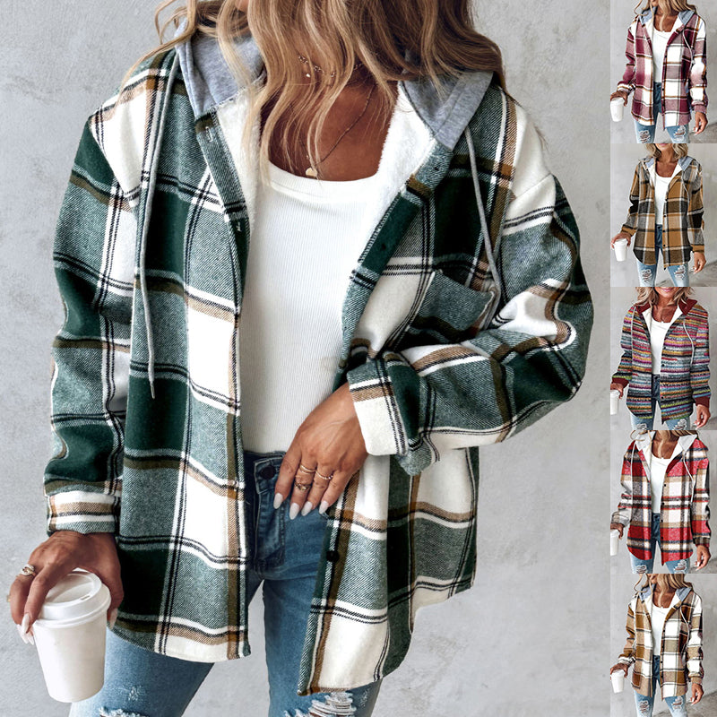 Women's Plaid Hooded Jacket with Button Pockets