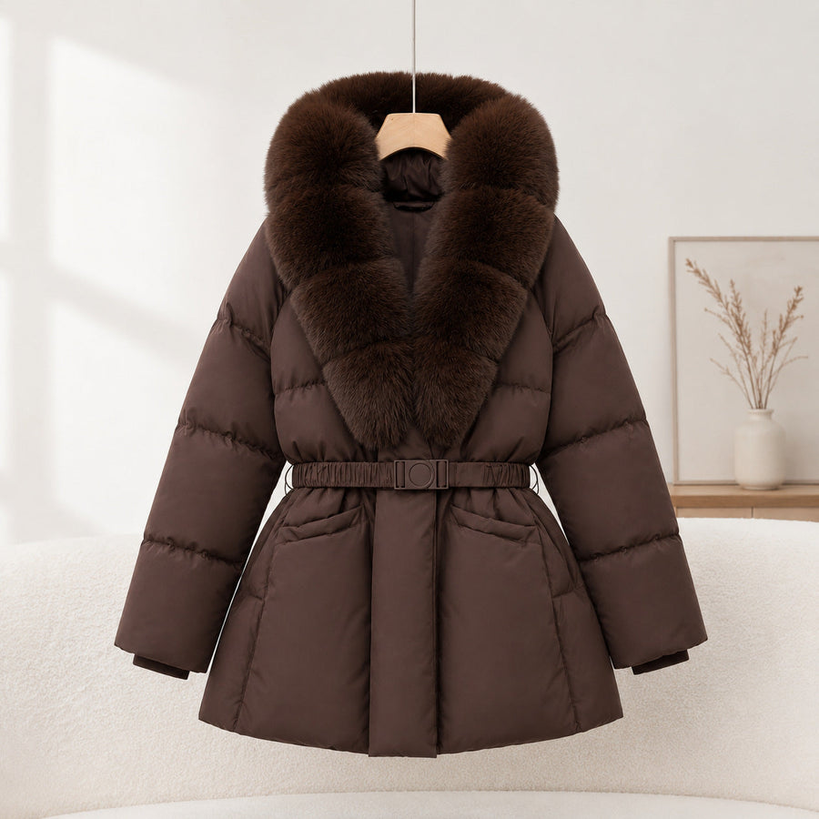 Women's Slimming Waist-Cinching Coat with Faux Fur Collar