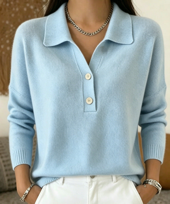 Women's Polo Collar Knit Sweater Long Sleeve Casual Top