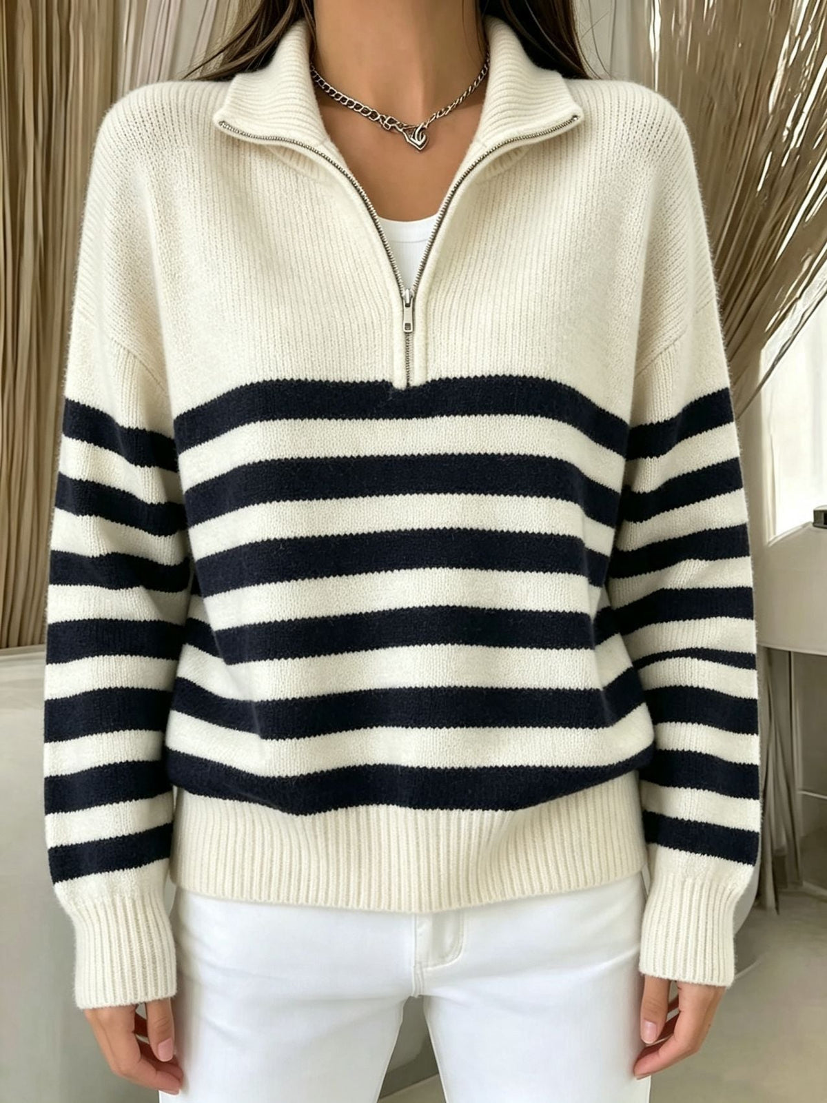 Women's Color-Block Pullover Sweater with Zipper Detail