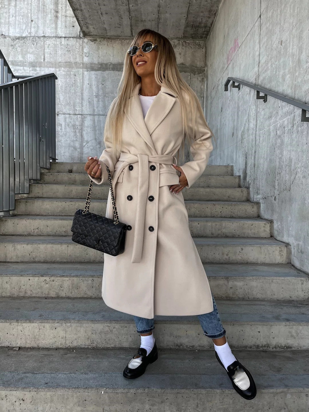 Women's Double-Breasted Trench Coat with Belt