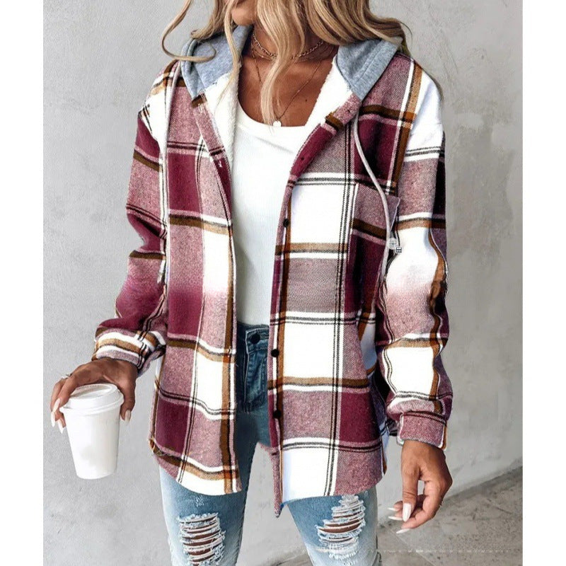 Women's Plaid Hooded Jacket with Button Pockets