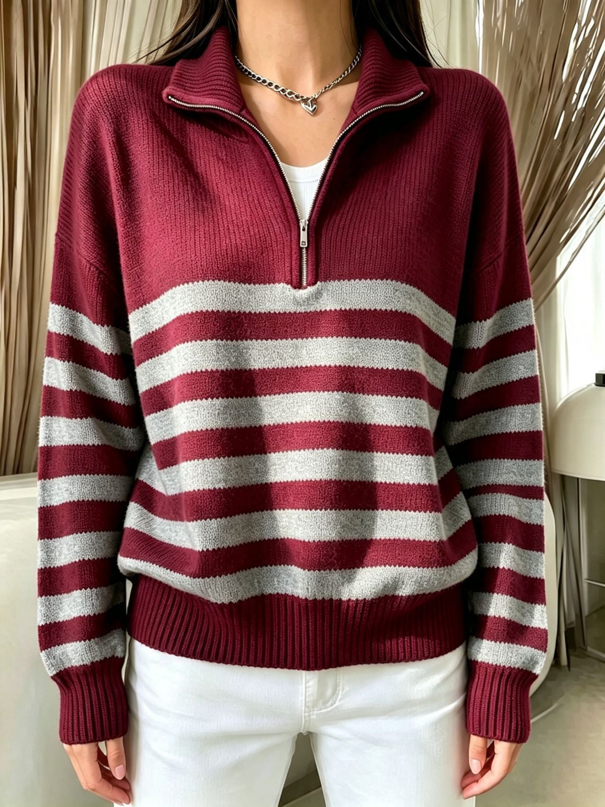 Women's Color-Block Pullover Sweater with Zipper Detail