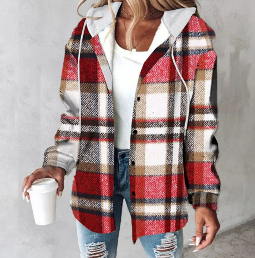 Women's Plaid Hooded Jacket with Button Pockets