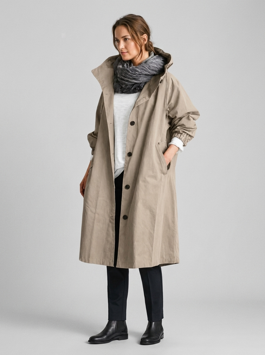 Women's Long Hooded Raincoat with Button Front