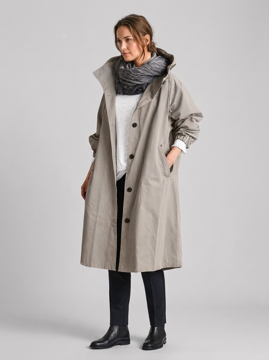 Women's Long Hooded Raincoat with Button Front