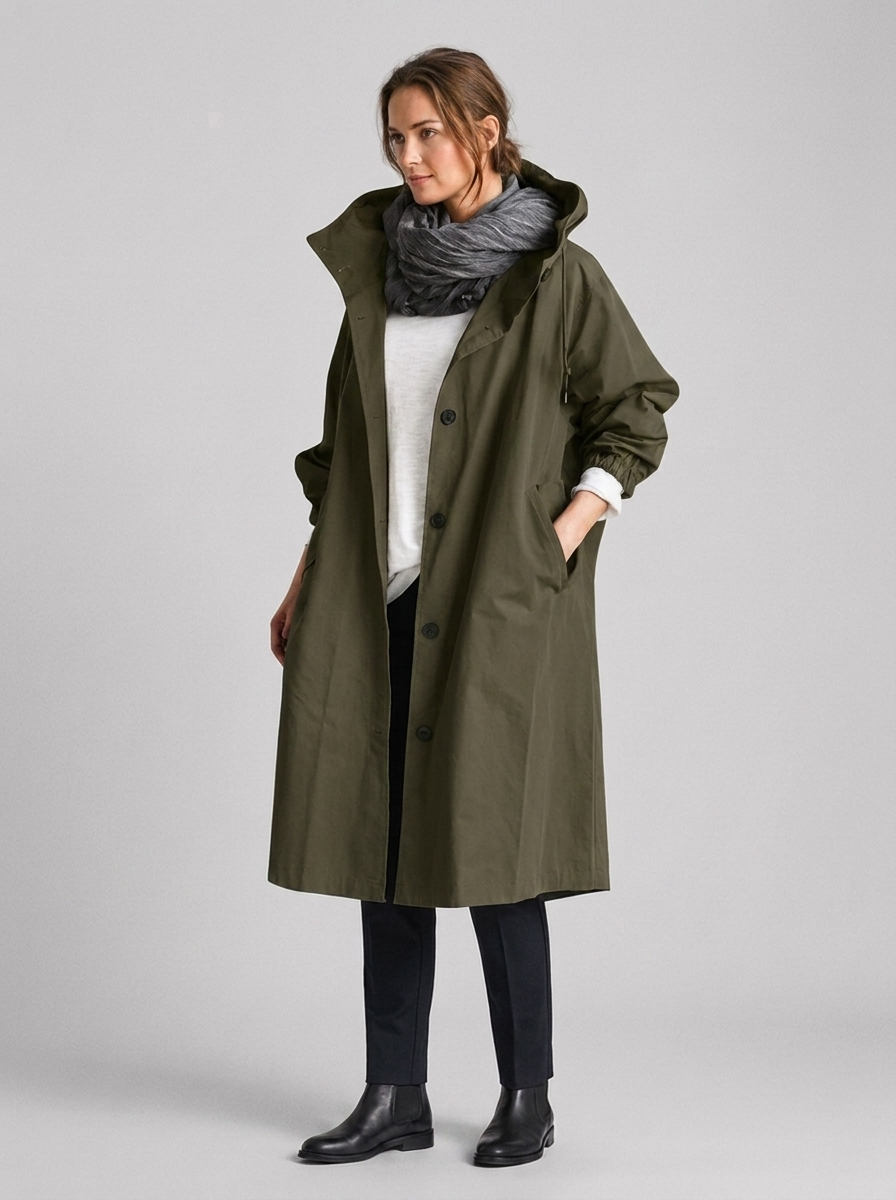 Women's Long Hooded Raincoat with Button Front