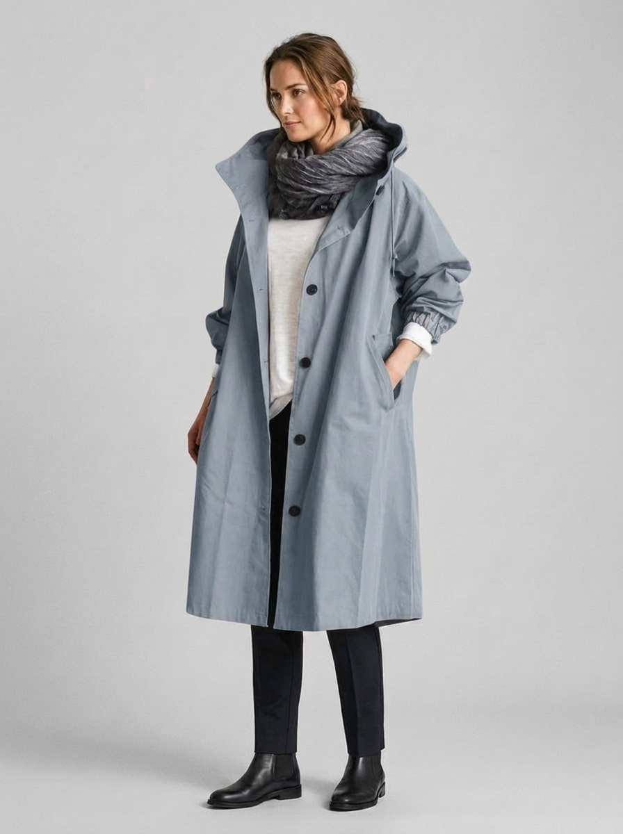 Women's Long Hooded Raincoat with Button Front