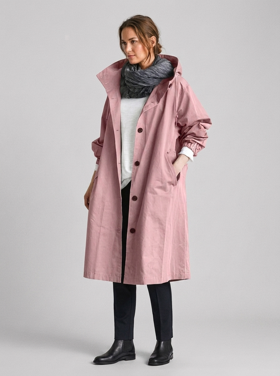 Women's Long Hooded Raincoat with Button Front