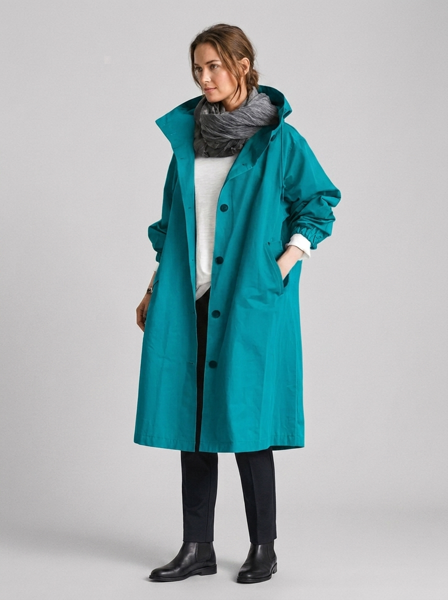 Women's Long Hooded Raincoat with Button Front