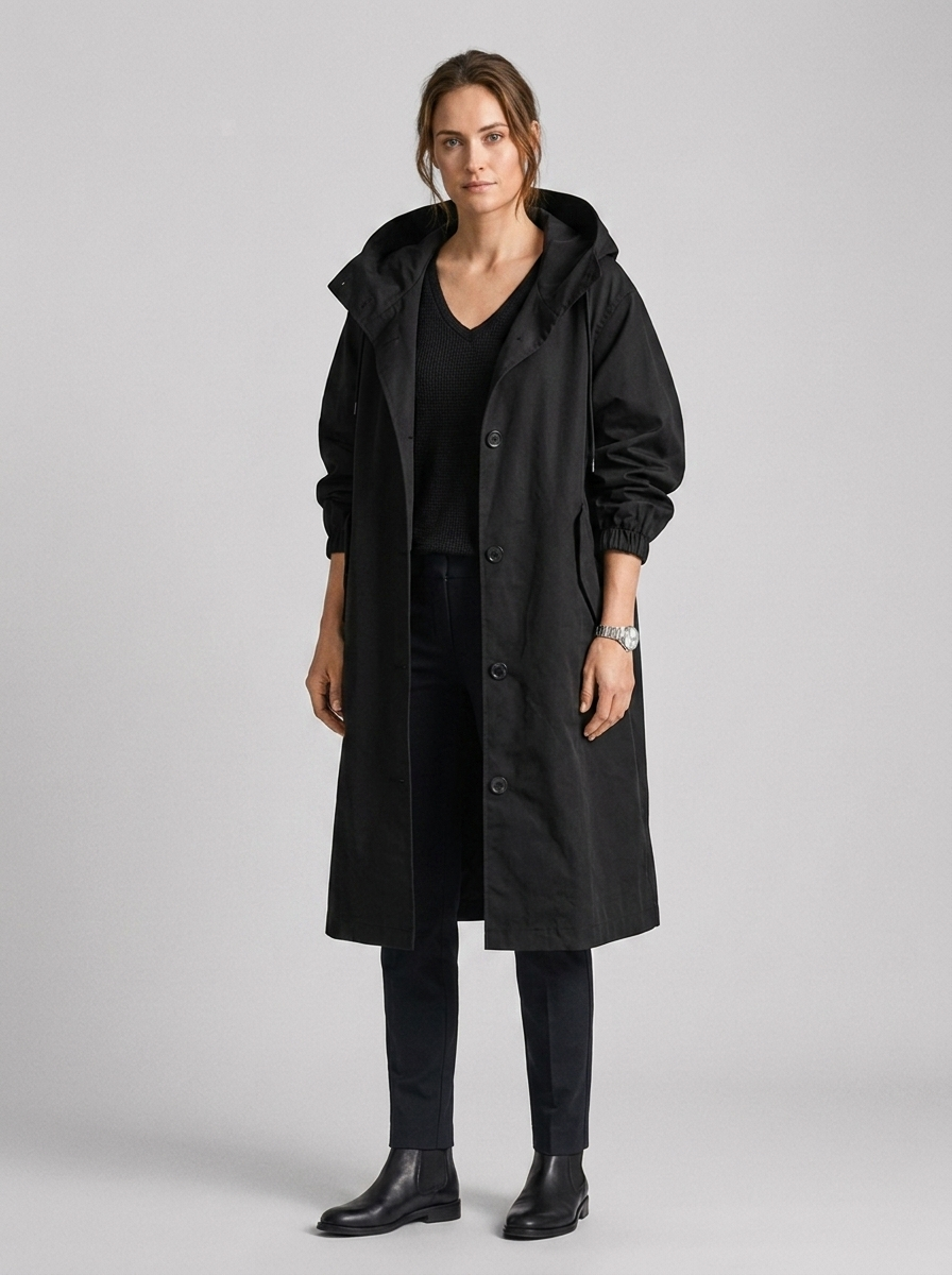 Women's Long Hooded Raincoat with Button Front