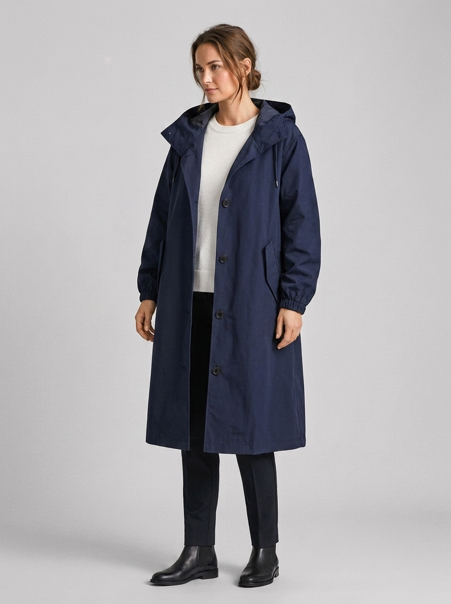 Women's Long Hooded Raincoat with Button Front