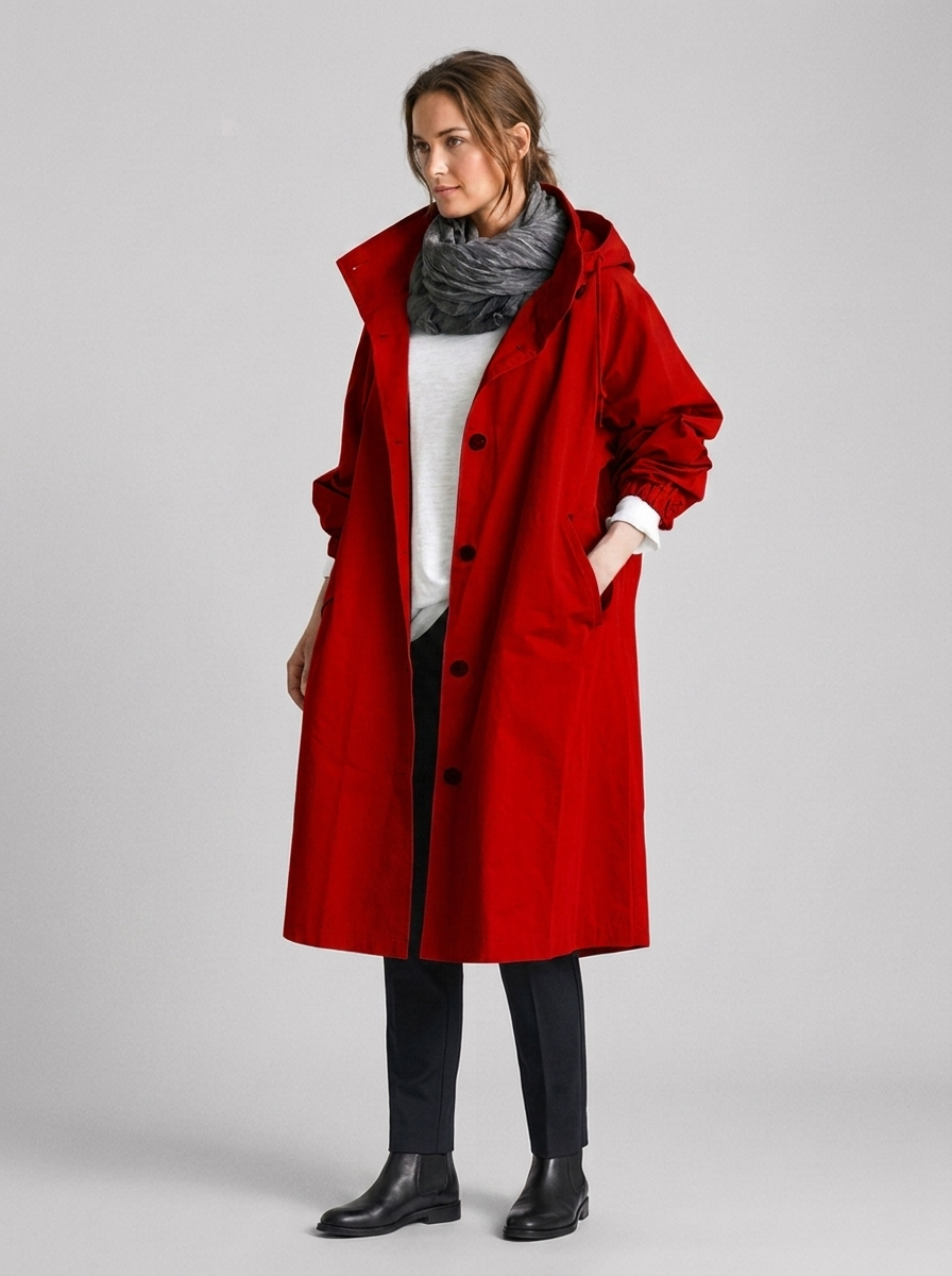 Women's Long Hooded Raincoat with Button Front