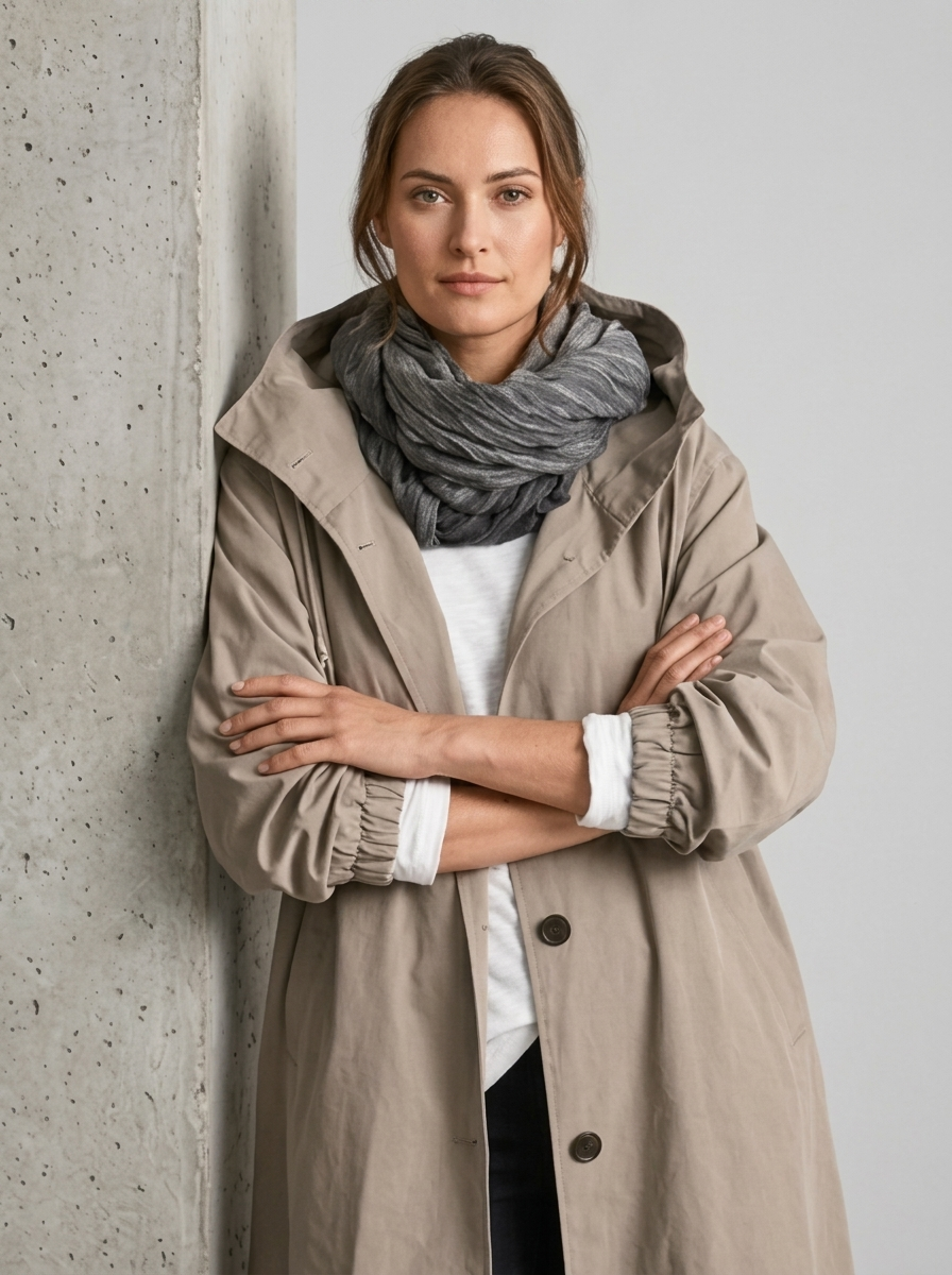 Women's Long Hooded Raincoat with Button Front