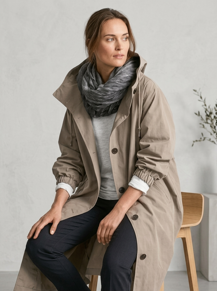 Women's Long Hooded Raincoat with Button Front