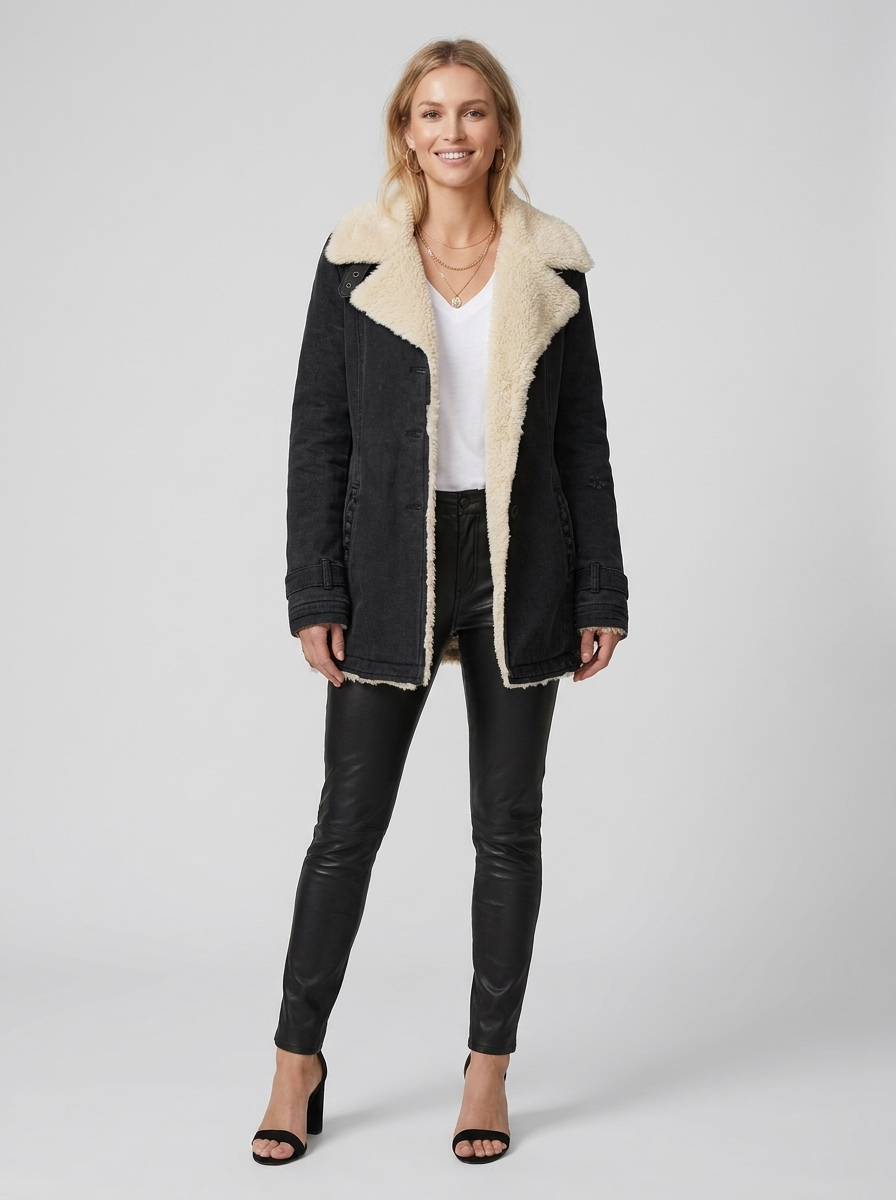 Women's Relaxed Fit Denim Jacket with Sherpa Collar